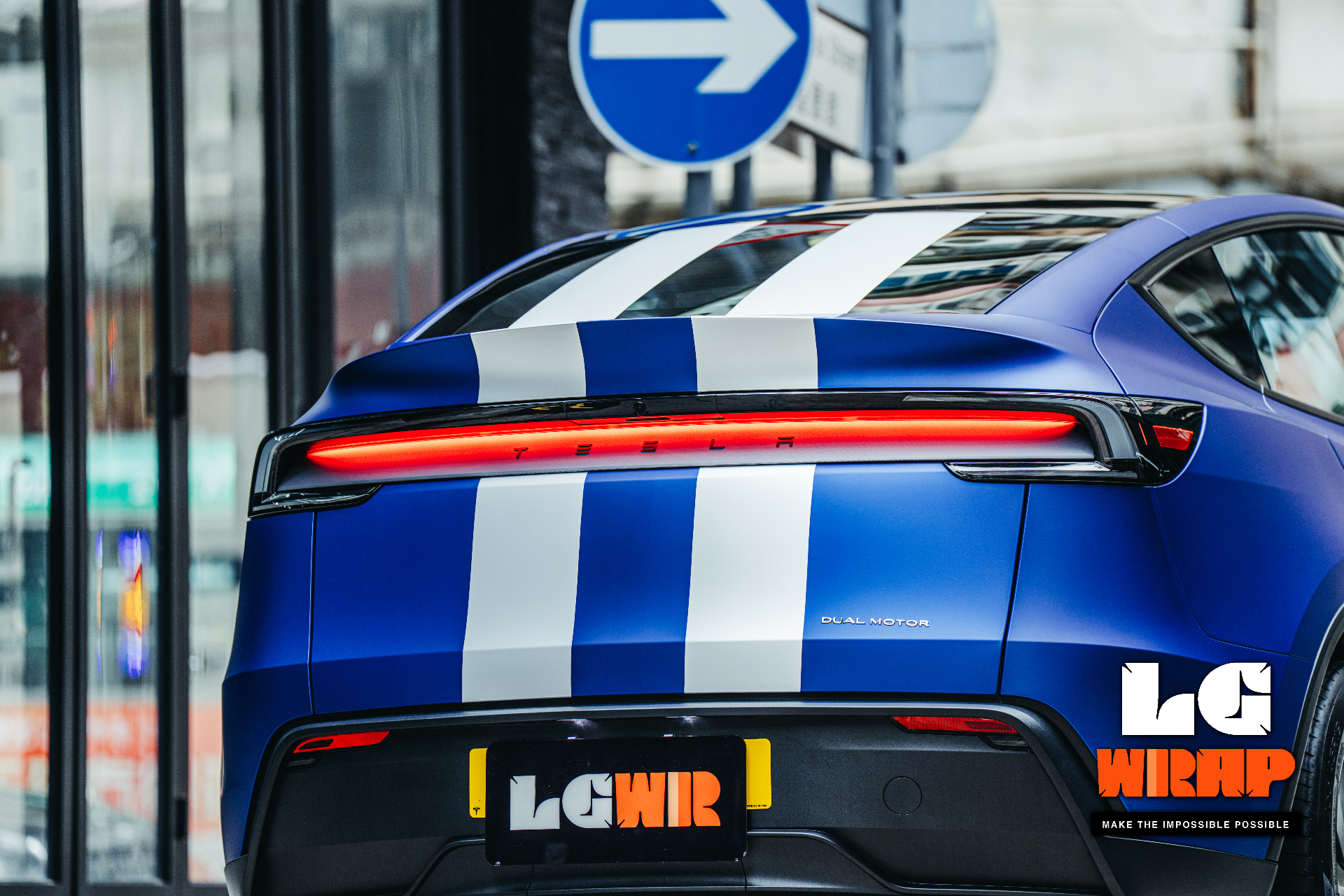 Completed Colour PPF on the rear of a blue Tesla, showing consistent colour and panel wrap