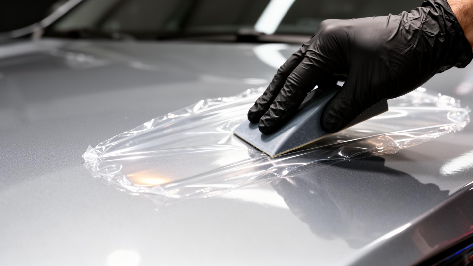 Professional technician applying PPF to a new car