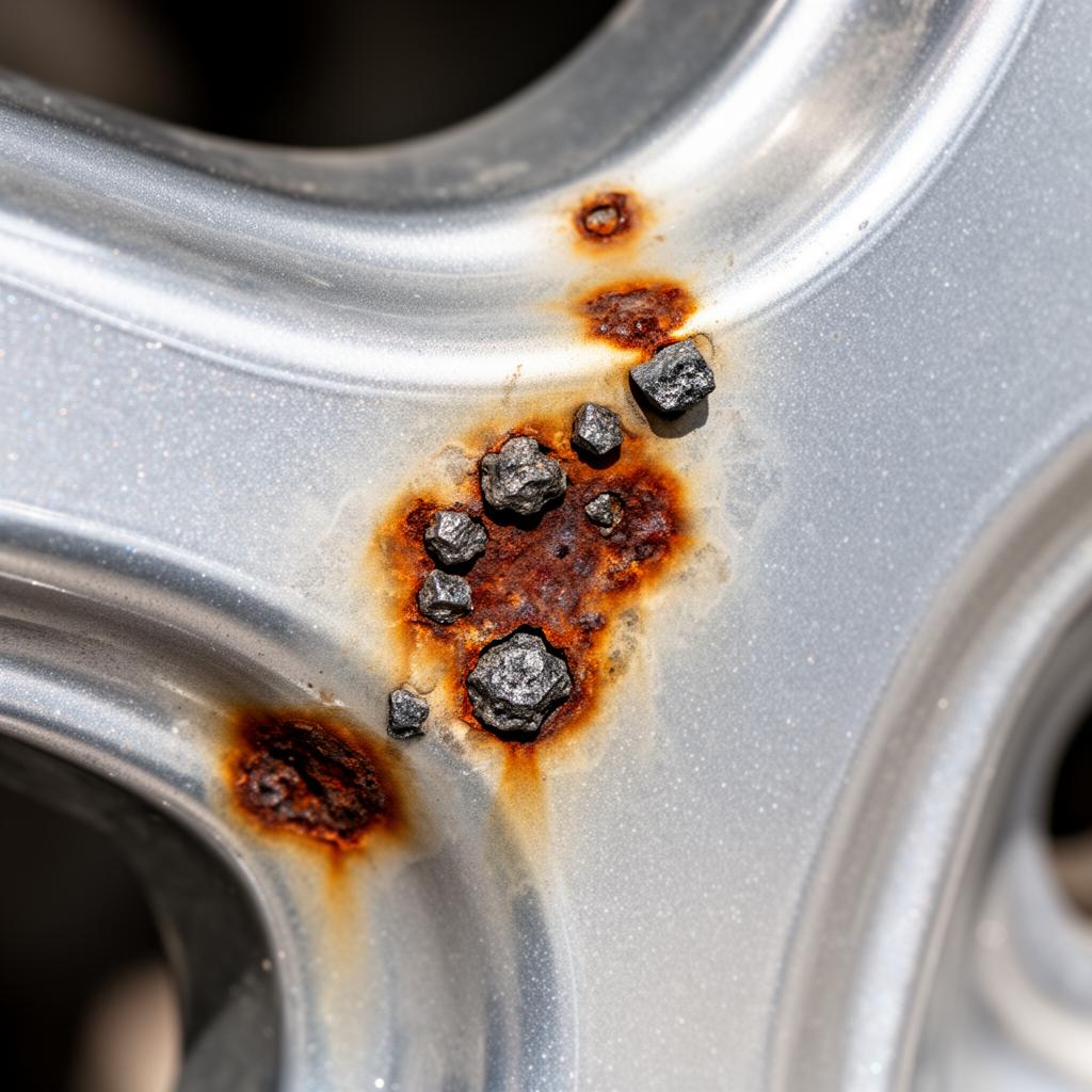 Iron particles oxidize, rust, and embed into the wheel surface.