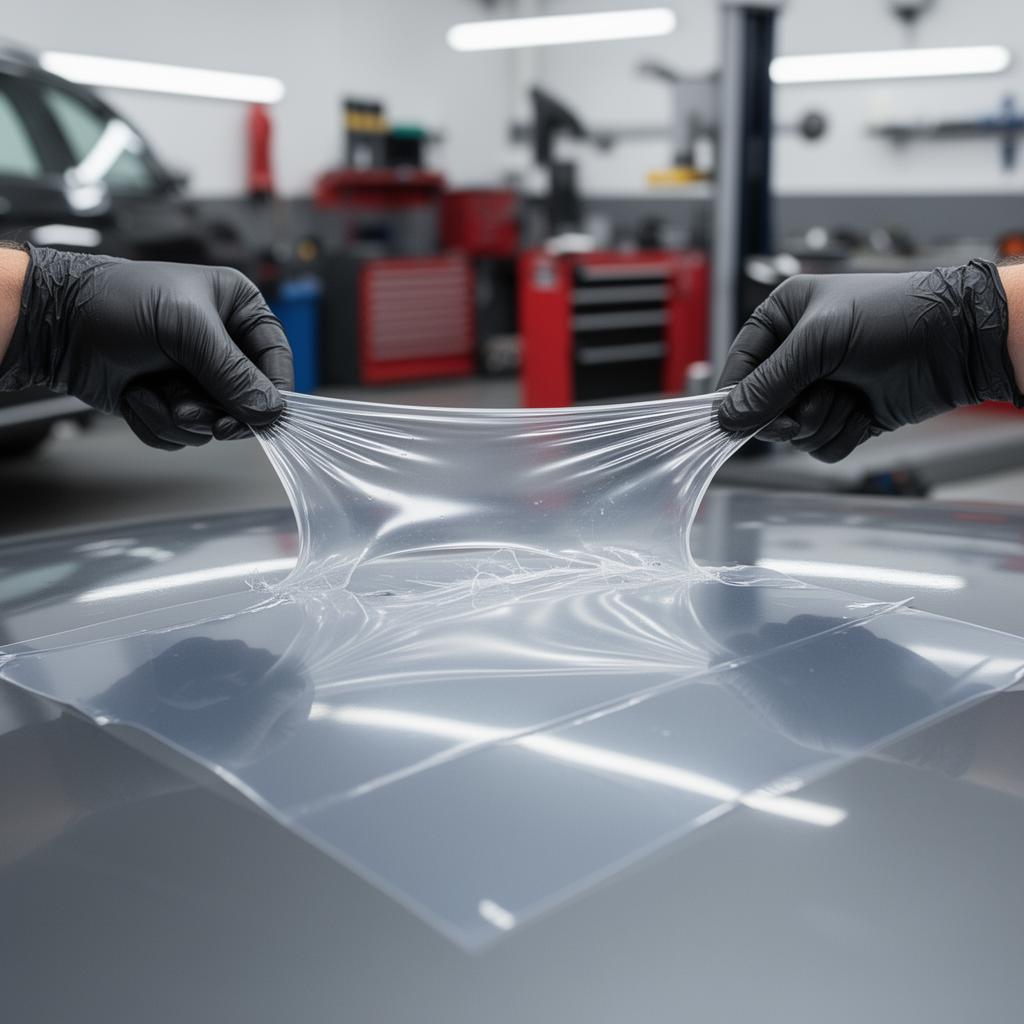 Technician performing PPF material stretch test