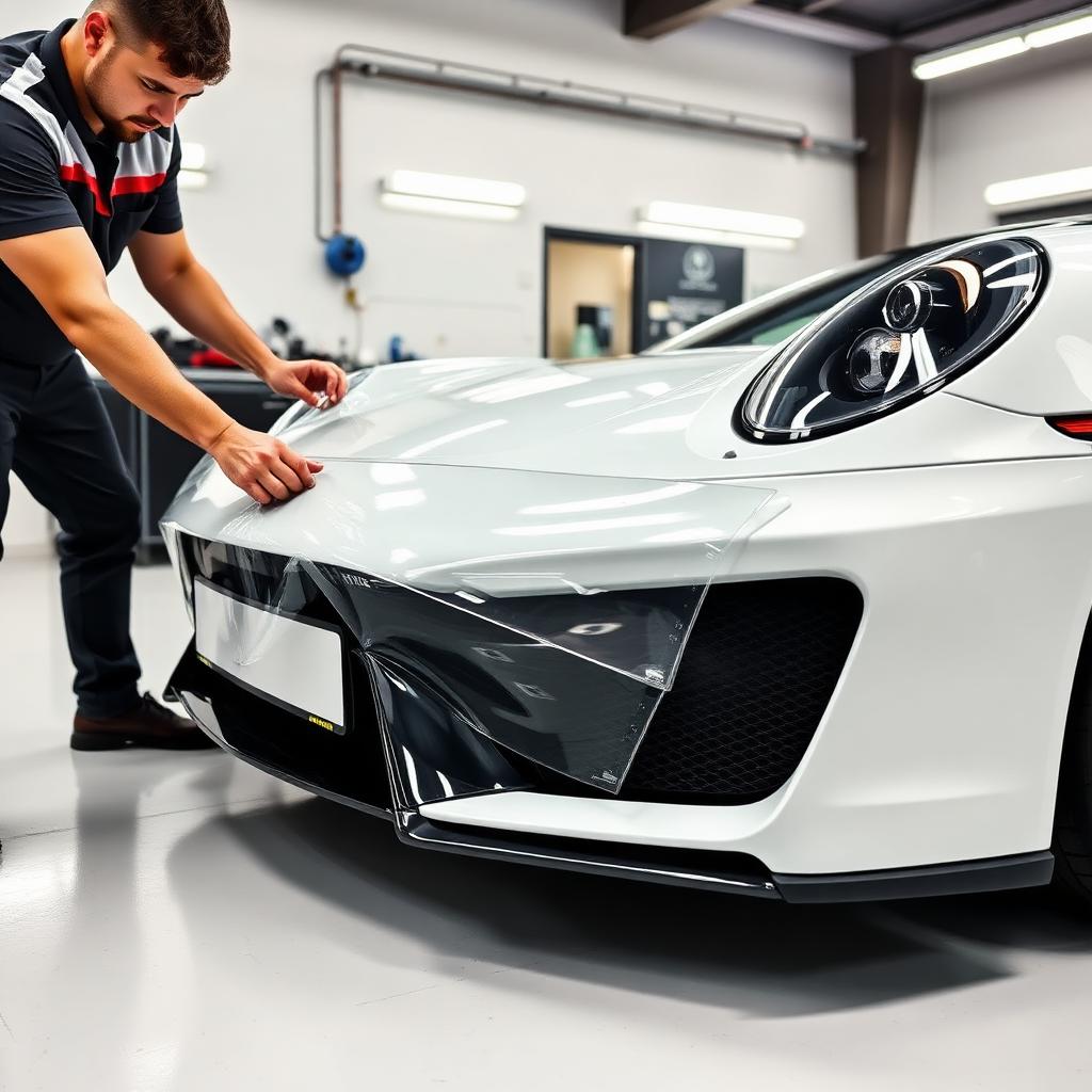 Professional technicians applying PPF to a car