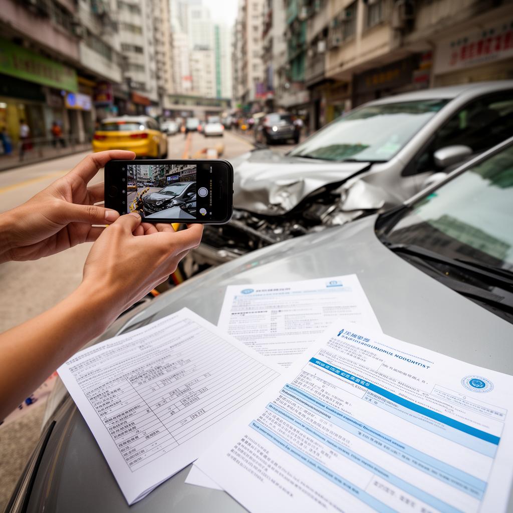 Taking photos of accident scene evidence and insurance documents